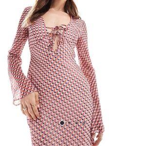 ASOS Design Geometric Patterned Dress with Lace-Up Front